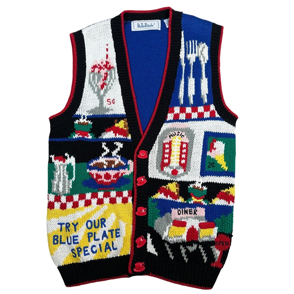 BellePointe Vintage 50s Diner Novelty Sweater Knit Vest Medium Grandma Granny